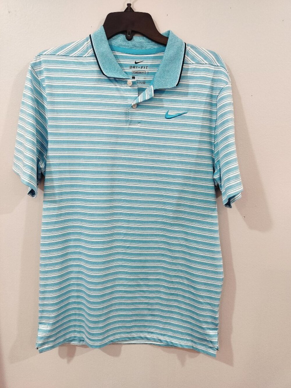 Nike Dri-FIT Golf Polo Men’s Small Aqua Blue White Stripe Standard Fit S